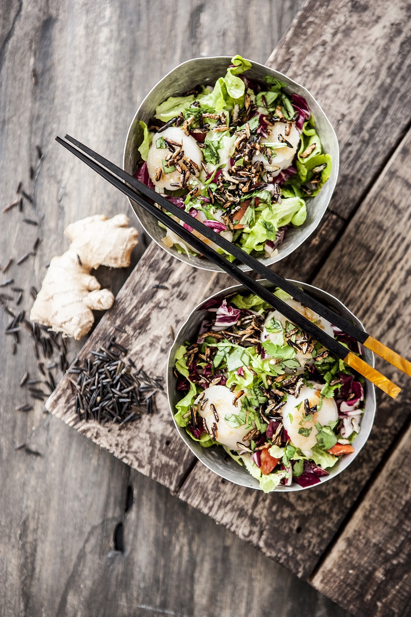 Salat med kammuslinger, syltet ingefær og poppede vilde ris – fra bogen Sunde Salater